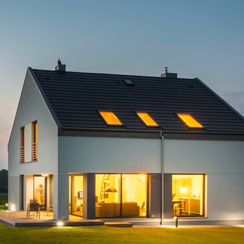 Detached moden house at dusk